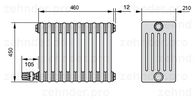 Схема (чертеж) Радиатор Zehnder Charleston 6045/10 №V004 Белый глянцевый RAL 9016